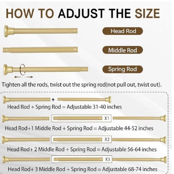 Shower Curtain Rod 31 - 74" , 1" Diameter Adjustable Gold Spring Tension No rust - Picture 4 of 8